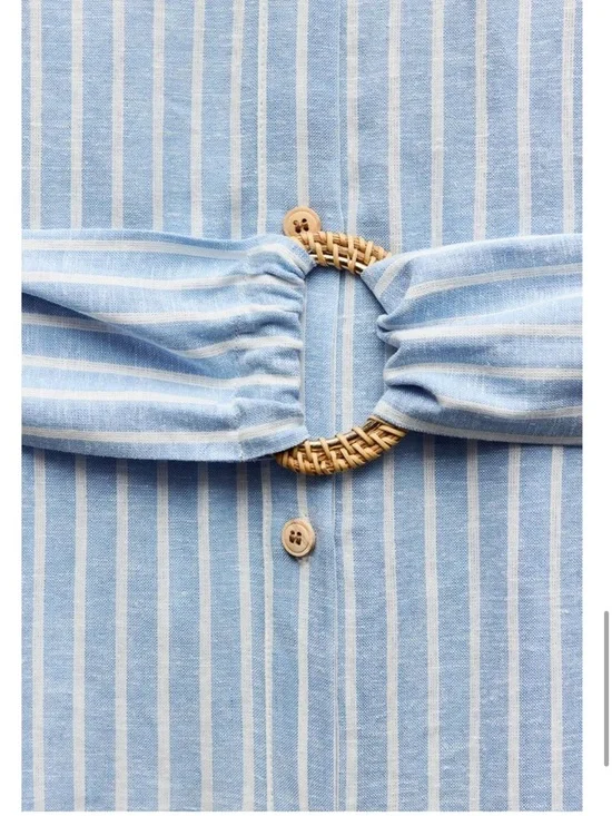 Zara Light Blue and White Striped Linen Blend Midi Shirt Dress - Picture 6 of 7